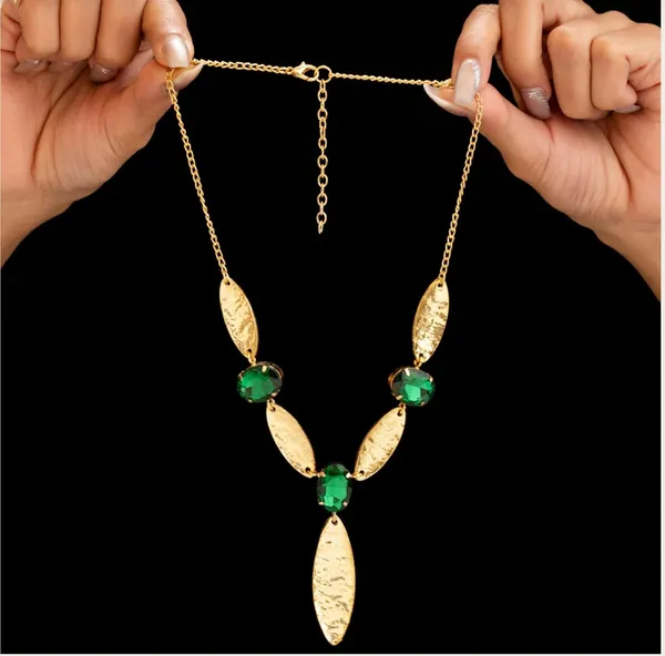Gold_Green_Stone_Stainless_Steel_Necklace__And__Earrings_Set_For_Women