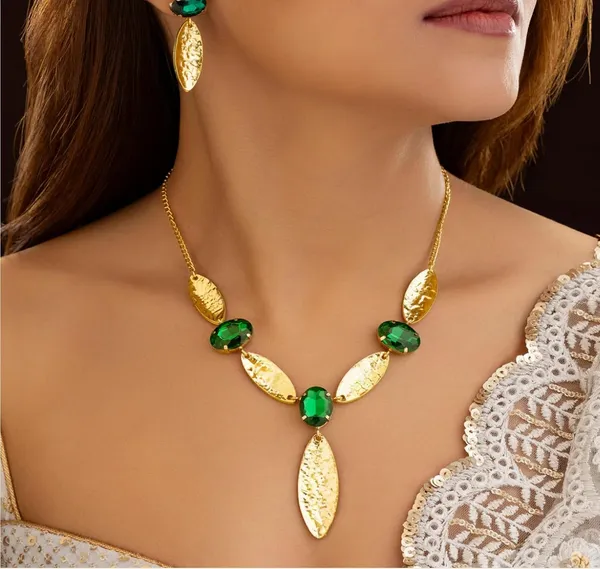 Gold_Green_Stone_Stainless_Steel_Necklace__And__Earrings_Set_For_Women