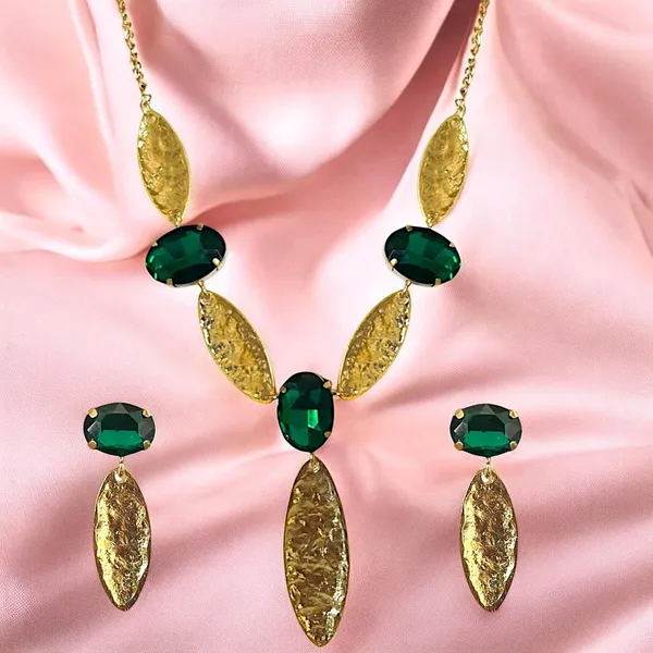 Gold_Green_Stone_Stainless_Steel_Necklace__And__Earrings_Set_For_Women