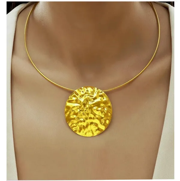 Gold_Stainless_Steel_Textured_Hammered_Disc_Necklace_Set_For_Women