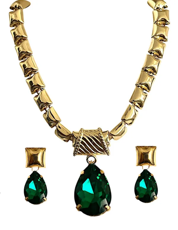 Gold_Green_Crystal_Pendant_Necklace__And__Earrings_Set_For_Women