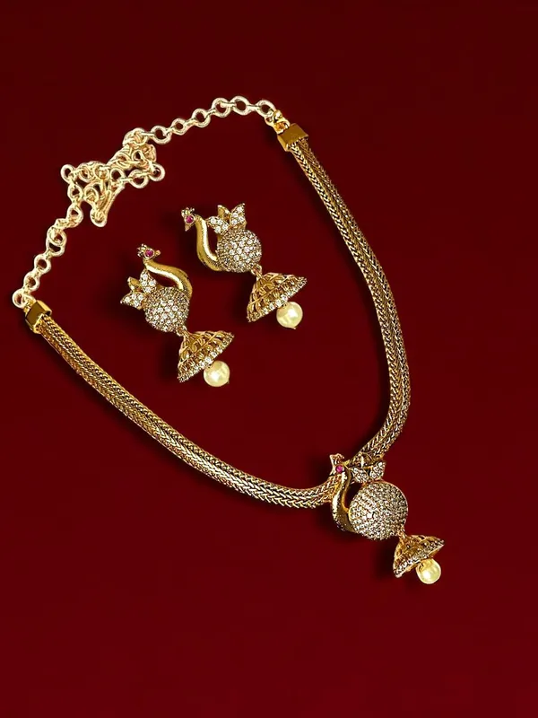 Gold_Brass_Peacock_American_Diamond_Pearl_Drop_Necklace_Set_For_Women