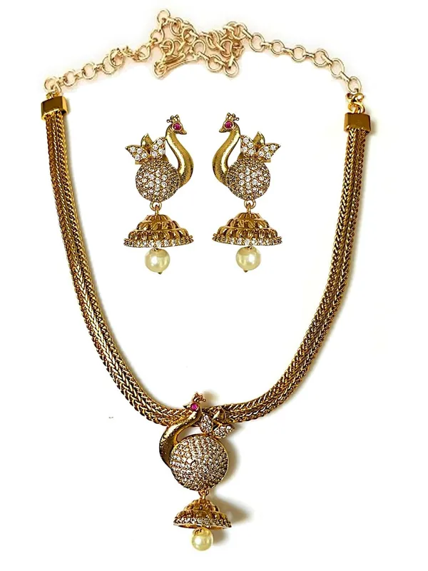 Gold_Brass_Peacock_American_Diamond_Pearl_Drop_Necklace_Set_For_Women