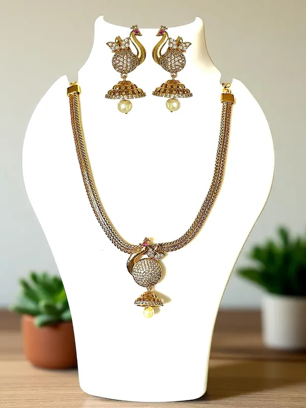 Gold_Brass_Peacock_American_Diamond_Pearl_Drop_Necklace_Set_For_Women