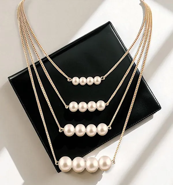 White_Alloy_Multi_Strand_Pearl_Choker_Necklace_Set_For_Women
