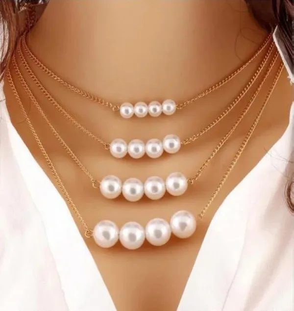 White_Alloy_Multi_Strand_Pearl_Choker_Necklace_Set_For_Women