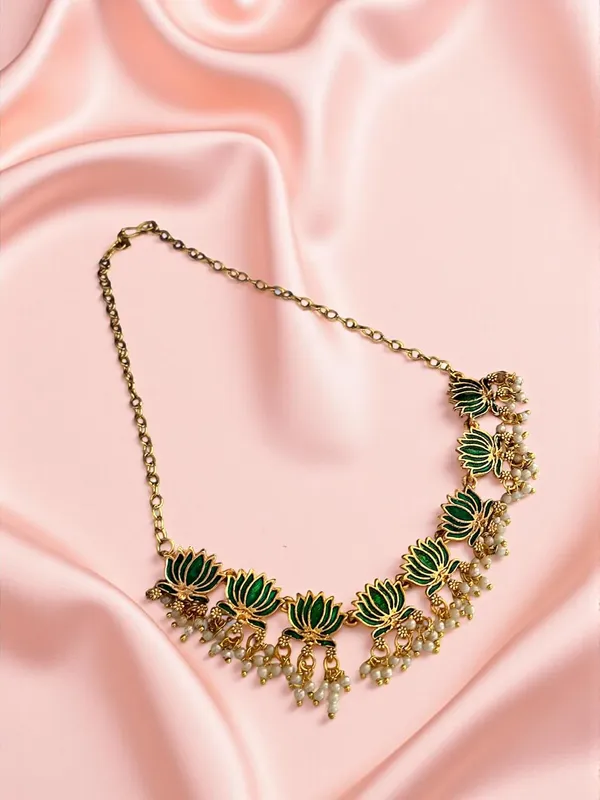 Gold_Brass_Enamel_Lotus_Temple_Choker_Necklace_Set_For_Women