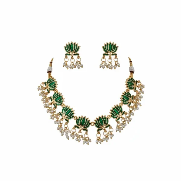 Gold_Brass_Enamel_Lotus_Temple_Choker_Necklace_Set_For_Women
