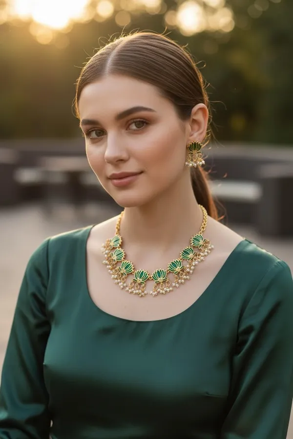 Gold_Brass_Enamel_Lotus_Temple_Choker_Necklace_Set_For_Women