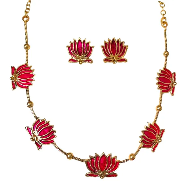 Gold_Enamel_Lotus_Temple_Choker_Necklace_Set_With_Earrings_For_Women_Pack_Of_2