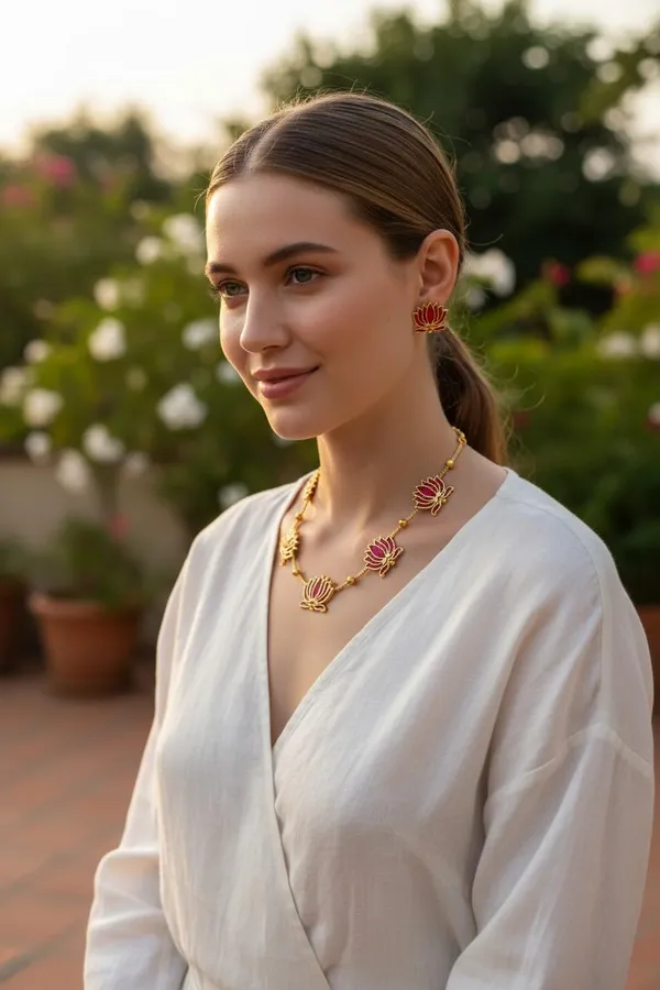 Gold_Enamel_Lotus_Temple_Choker_Necklace_Set_With_Earrings_For_Women_Pack_Of_2