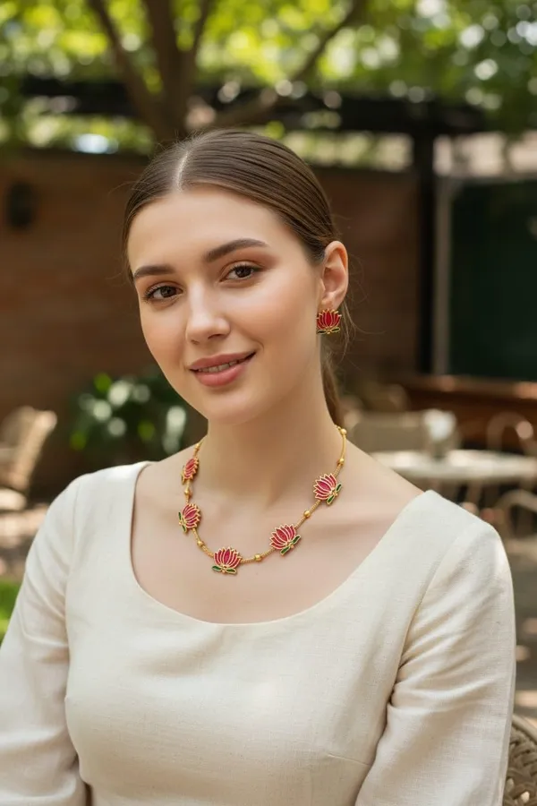 Gold_Brass_Enamel_Lotus_Floral_Choker_Necklace_Set_For_Women