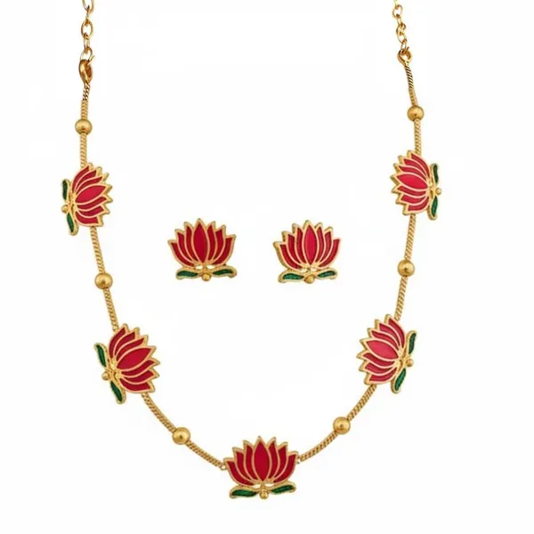 Gold_Brass_Enamel_Lotus_Floral_Choker_Necklace_Set_For_Women