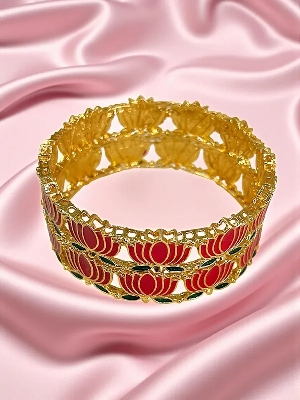 Gold_Brass_Enamel_Lotus_Design_Bangles_Set_For_Women_Pack_Of_2
