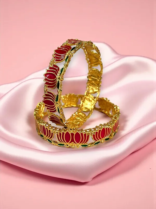 Gold_Brass_Enamel_Lotus_Design_Bangles_Set_For_Women_Pack_Of_2