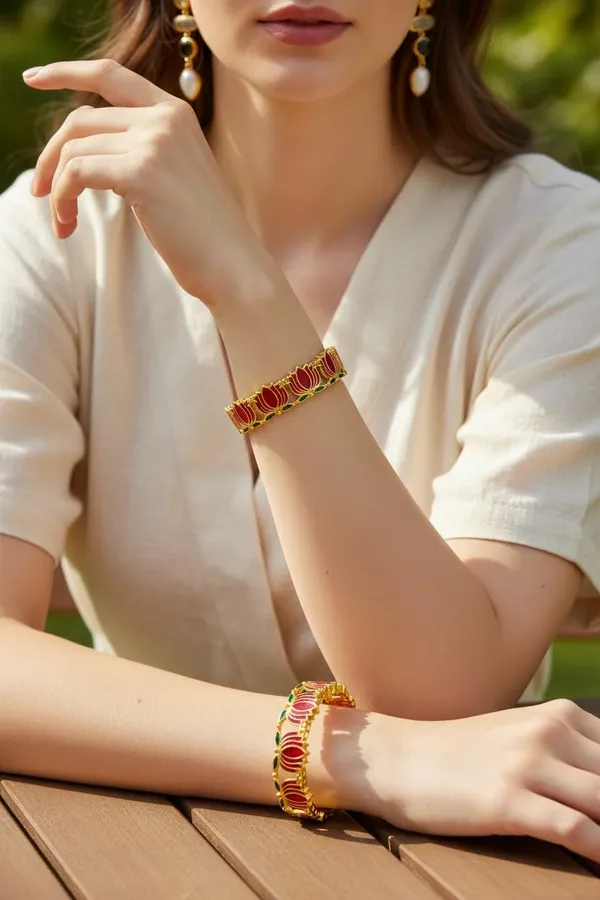 Gold_Brass_Enamel_Lotus_Design_Bangles_Set_For_Women_Pack_Of_2