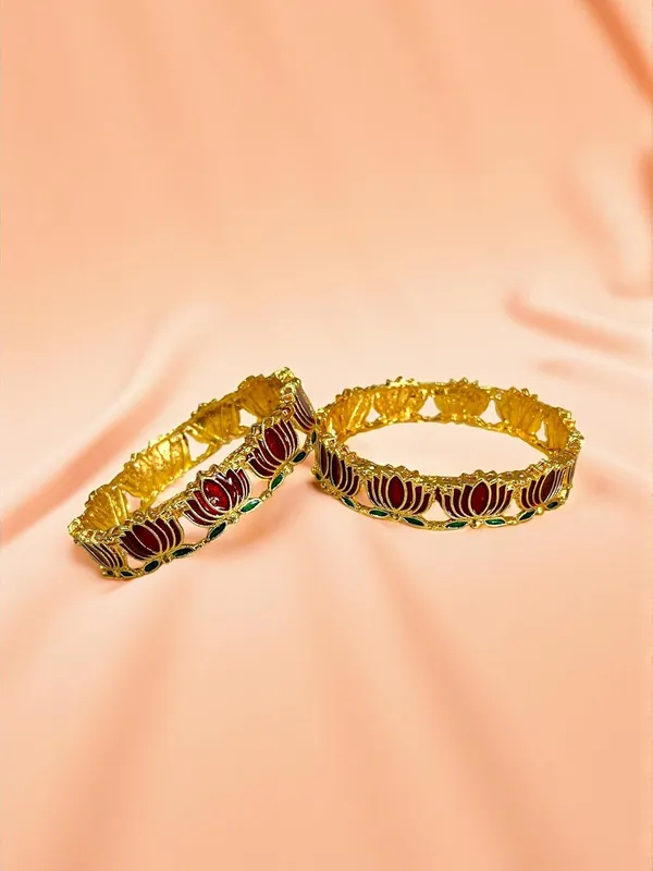 Gold_Brass_Enamel_Lotus_Design_Bangles_Set_For_Women_Pack_Of_2