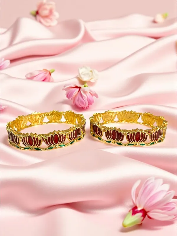 Gold_Brass_Enamel_Lotus_Design_Bangles_Set_For_Women_Pack_Of_2