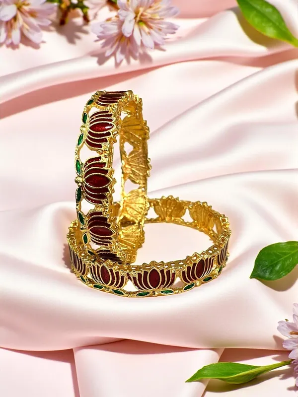 Gold_Brass_Enamel_Lotus_Design_Bangles_Set_For_Women_Pack_Of_2