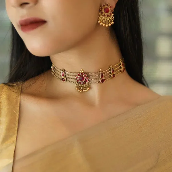 Gold_Brass_Red_Stone_South_Indian_Layered_Necklace_Set_For_Women