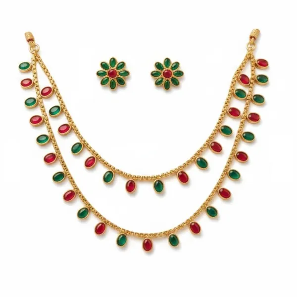 Gold_Brass_Green_Stone_Layered_Temple_Necklace_Set_For_Women