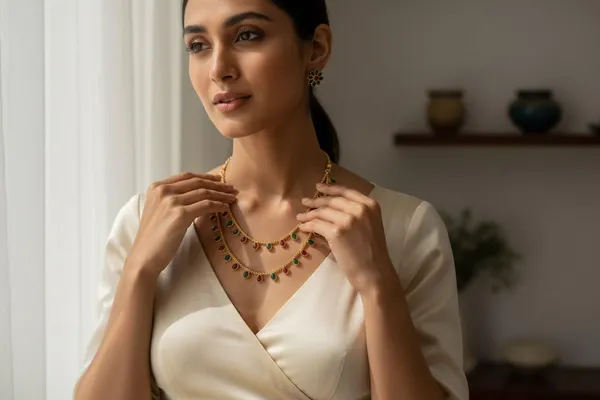Gold_Brass_Green_Stone_Layered_Temple_Necklace_Set_For_Women