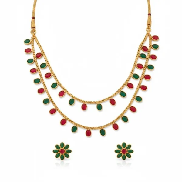 Gold_Brass_Green_Stone_Layered_Temple_Necklace_Set_For_Women