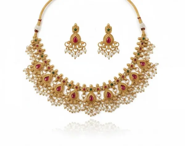 Gold_Brass_Antique_Pearl_Pink_Stone_Temple_Choker_Necklace_Set_For_Women