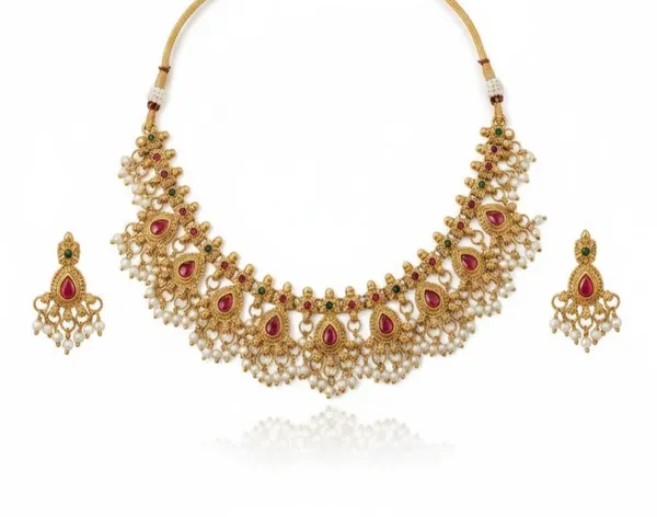 Gold_Brass_Antique_Pearl_Pink_Stone_Temple_Choker_Necklace_Set_For_Women