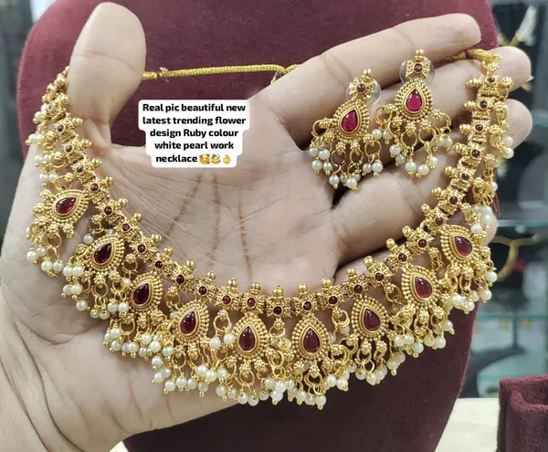 Gold_Brass_Antique_Pearl_Pink_Stone_Temple_Choker_Necklace_Set_For_Women