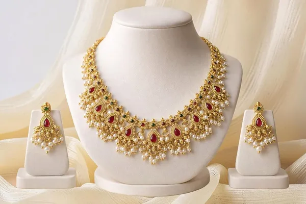 Gold_Brass_Antique_Pearl_Pink_Stone_Temple_Choker_Necklace_Set_For_Women
