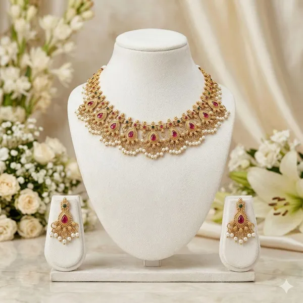 Gold_Brass_Antique_Pearl_Pink_Stone_Temple_Choker_Necklace_Set_For_Women