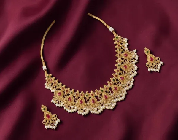 Gold_Brass_Antique_Pearl_Pink_Stone_Temple_Choker_Necklace_Set_For_Women