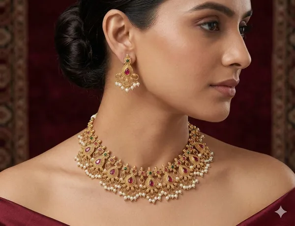 Gold_Brass_Antique_Pearl_Pink_Stone_Temple_Choker_Necklace_Set_For_Women