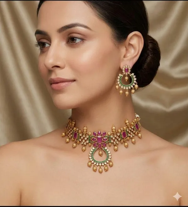 Gold_Brass_Stone_Studded_Temple_Choker_Necklace_Set_For_Women