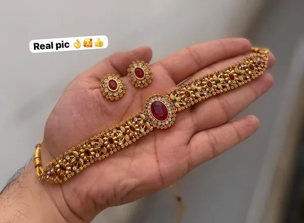 Gold_Brass_Red_Stone_Temple_Choker_Necklace_Set_For_Women
