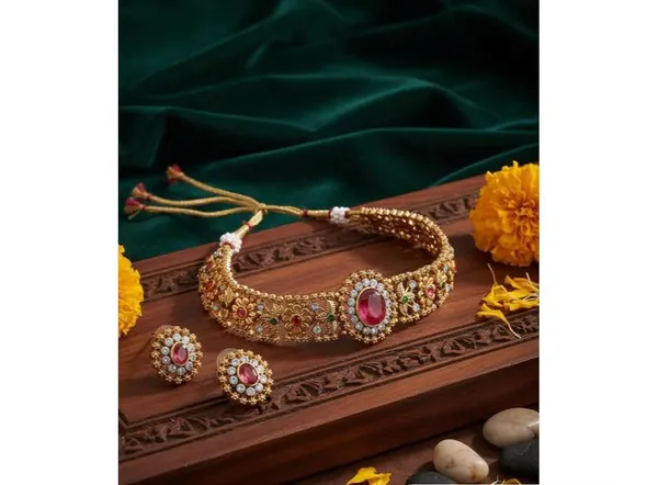 Gold_Brass_Red_Stone_Temple_Choker_Necklace_Set_For_Women