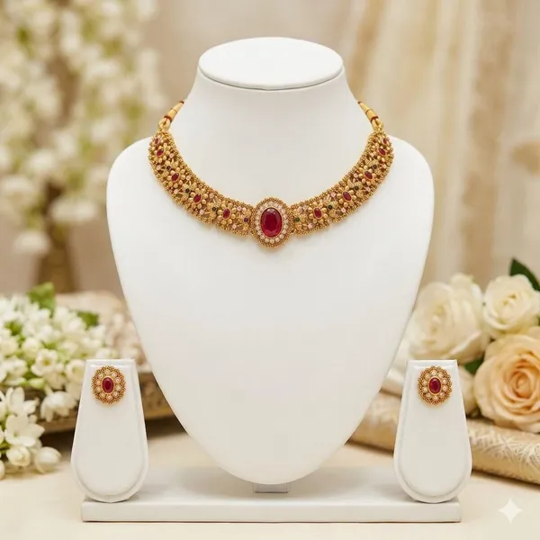 Gold_Brass_Red_Stone_Temple_Choker_Necklace_Set_For_Women