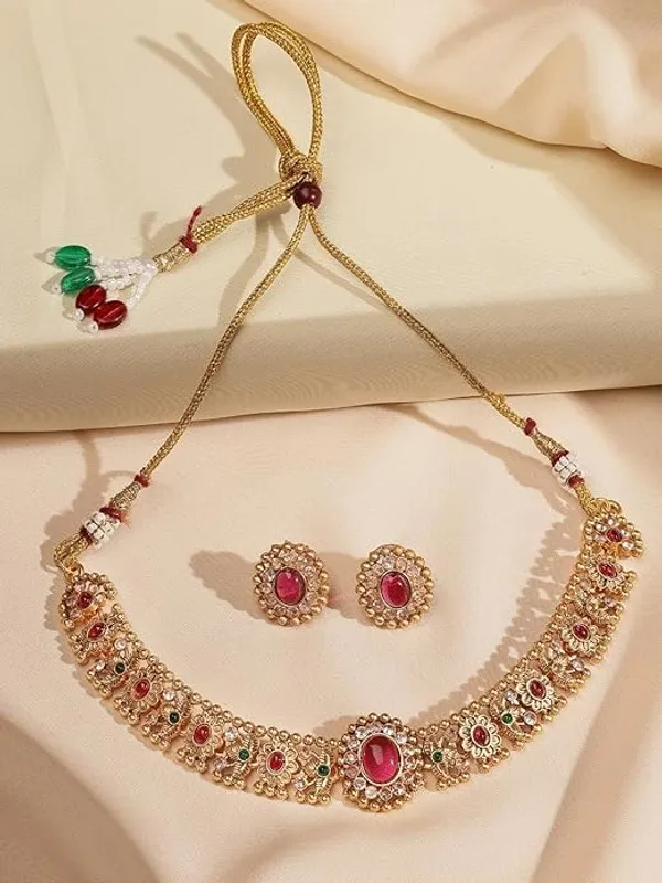 Gold_Brass_Red_Stone_Temple_Choker_Necklace_Set_For_Women
