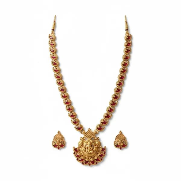 Gold_Brass_Antique_Ganpati_Temple_Necklace_Set_For_Women