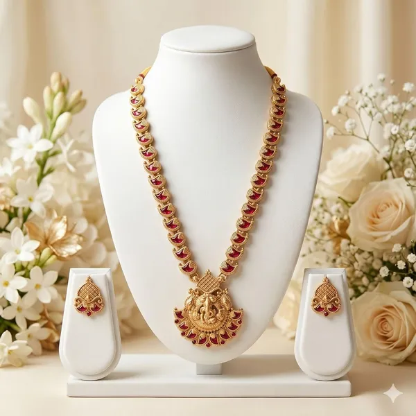 Gold_Brass_Antique_Ganpati_Temple_Necklace_Set_For_Women