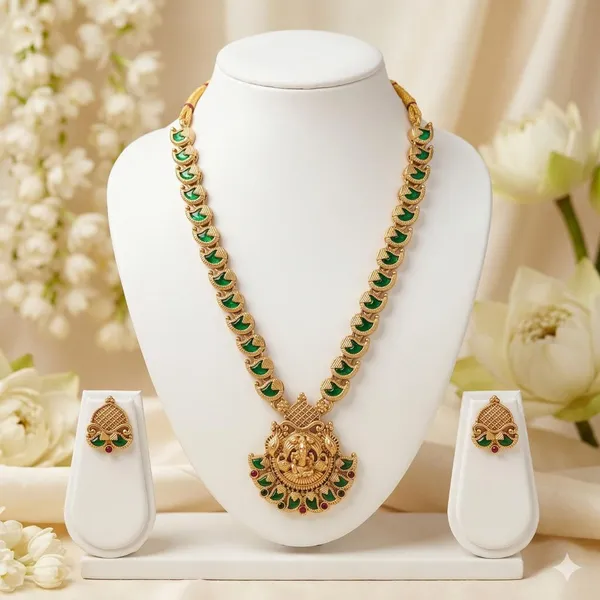 Gold_Brass_Antique_Ganpati_Temple_Pendant_Necklace_Set_For_Women