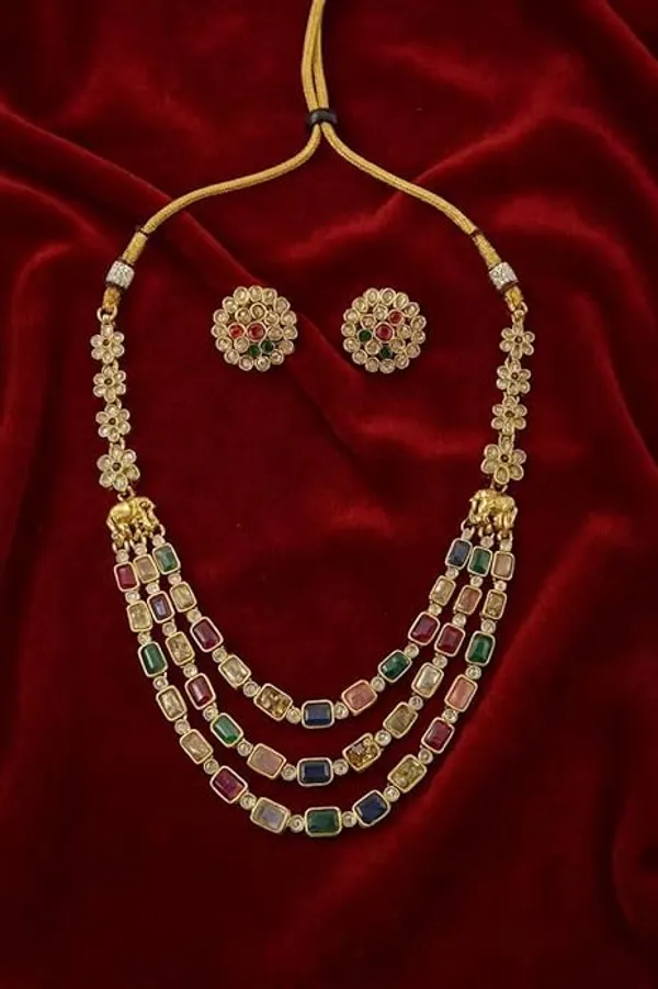Multicolor_Brass_Multilayer_Navratna_Elephant_Temple_Necklace_Set_For_Women