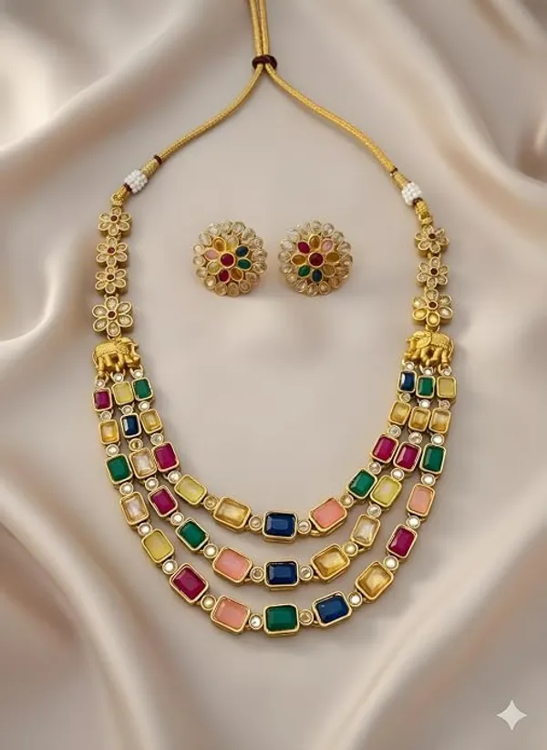 Multicolor_Brass_Multilayer_Navratna_Elephant_Temple_Necklace_Set_For_Women