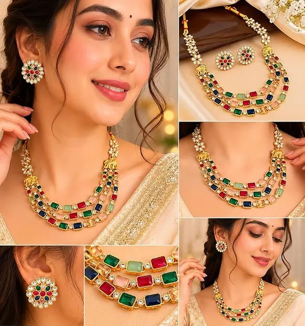 Multicolor_Brass_Multilayer_Navratna_Elephant_Temple_Necklace_Set_For_Women