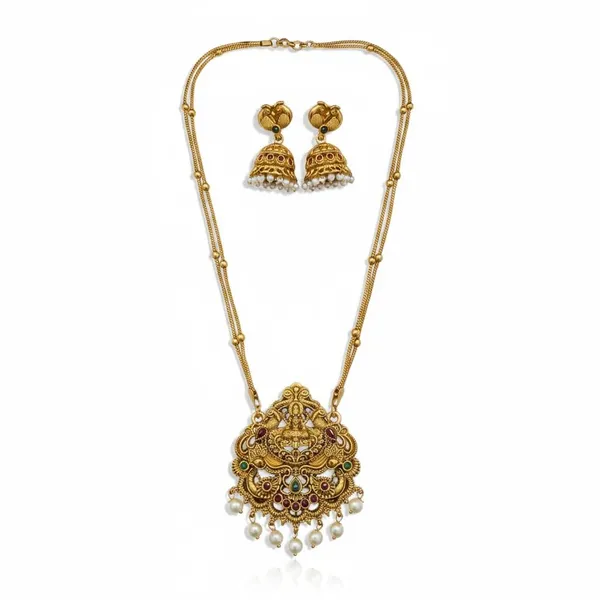 Gold_Brass_Lakshmi_Temple_Pearl_Drop_Long_Necklace_Set_For_Women