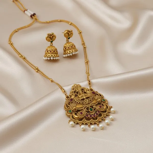 Gold_Brass_Lakshmi_Temple_Pearl_Drop_Long_Necklace_Set_For_Women