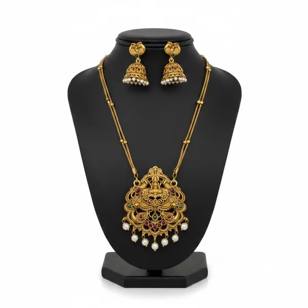 Gold_Brass_Lakshmi_Temple_Pearl_Drop_Long_Necklace_Set_For_Women