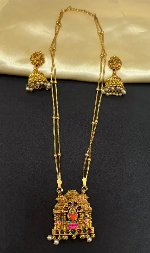 Gold_Brass_Temple_Gopuram_Lakshmi_Long_Necklace_Set_For_Women