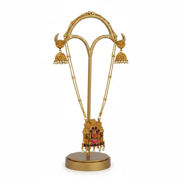 Gold_Brass_Temple_Gopuram_Lakshmi_Long_Necklace_Set_For_Women